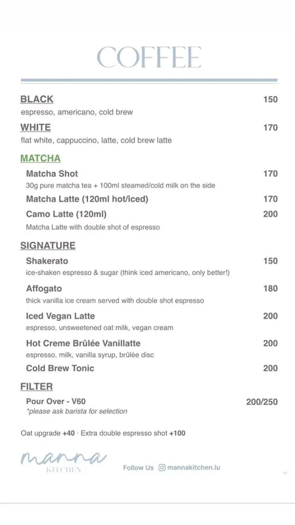 Manna Kitchen’s coffee-based drinks menu